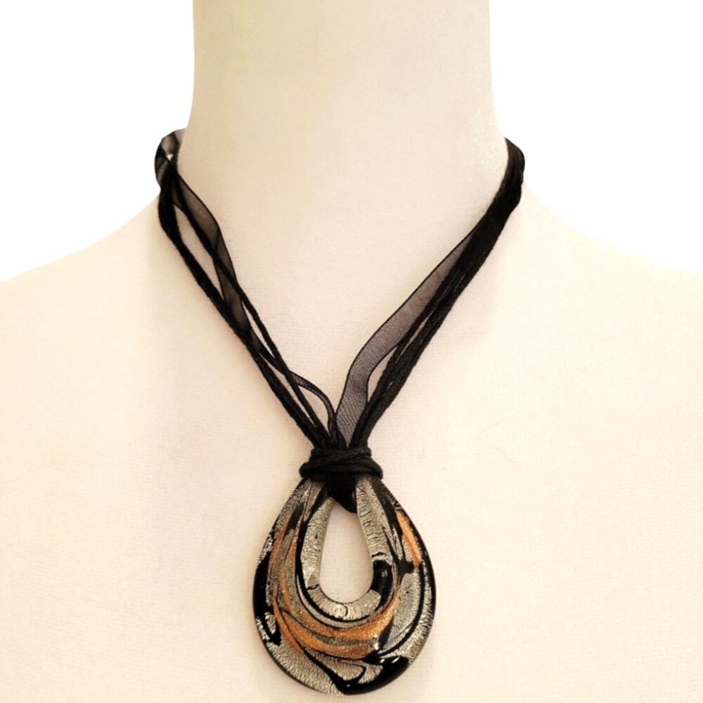 Molten Bronze Swirl Artisan Glass Teardrop Choker on Black Ribbon Necklace